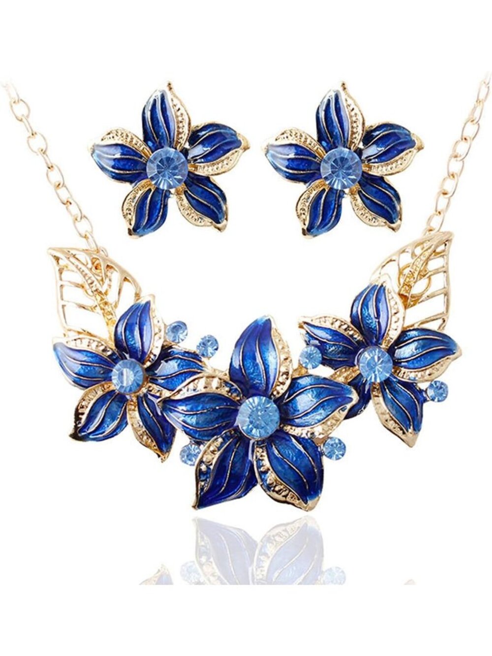 Women’s Blue Rhinestone Crystal Flower Necklace Earrings Jewelry Set Fashion